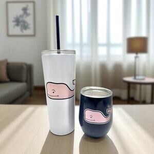 2 Vineyard Vines Tall Lidded Tumbler & Lidded Wine Coffee Cup Pink Whale